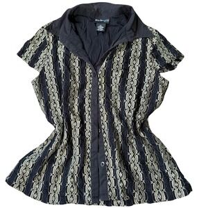 Office Siren Striped Black Beige Lace Striped Button Front Blouse Top Large L